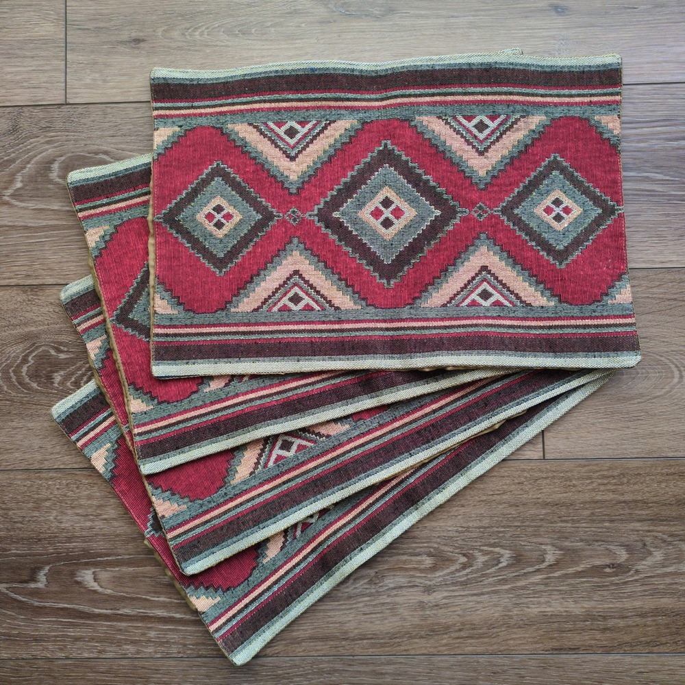 Southwest Placemats Set (4) Red Geometric Woven Green Tan Diamond Tapestry
